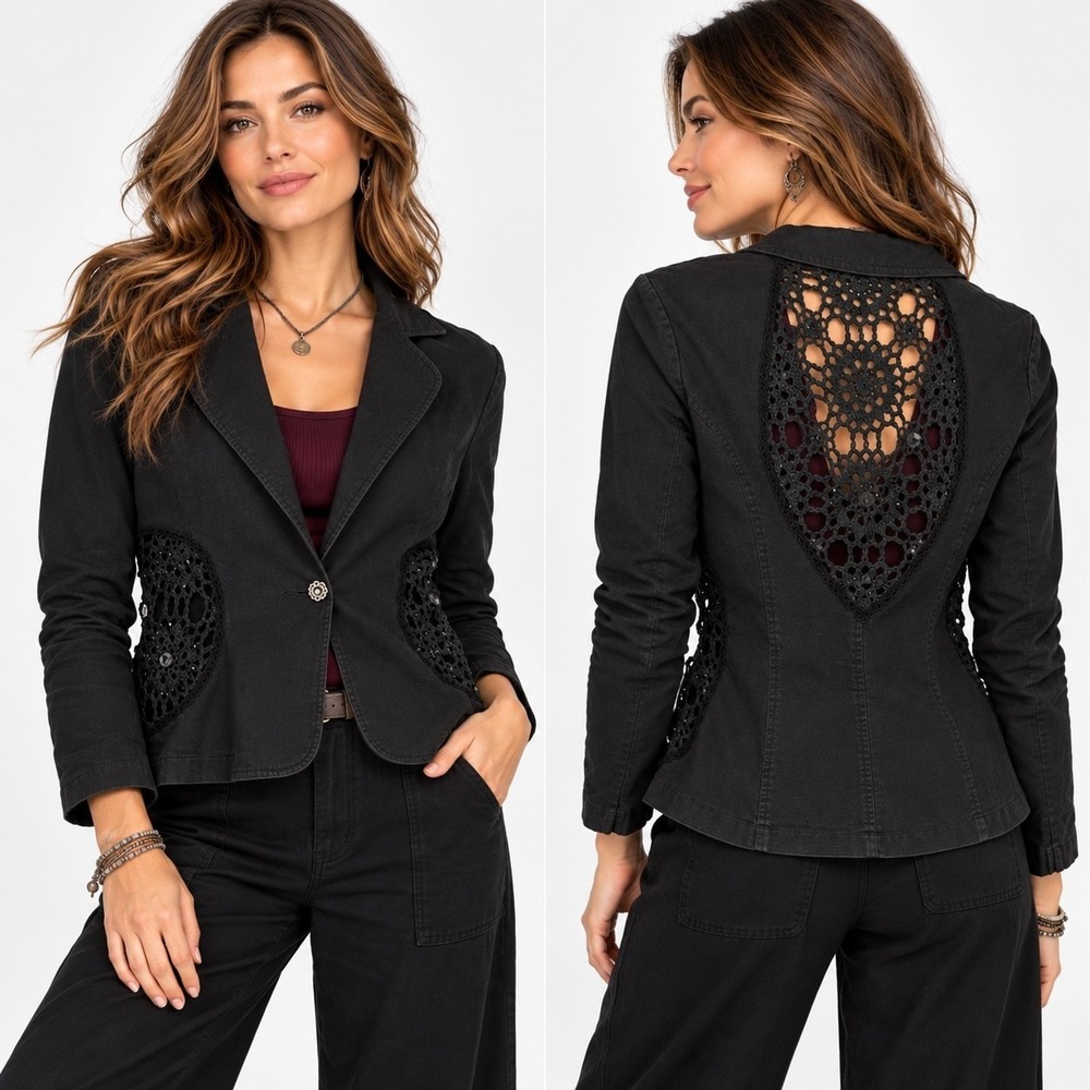 Cache Y2K Boho Crochet Insert Blazer Jacket Womens S Black Whimsy Corpcore Goth